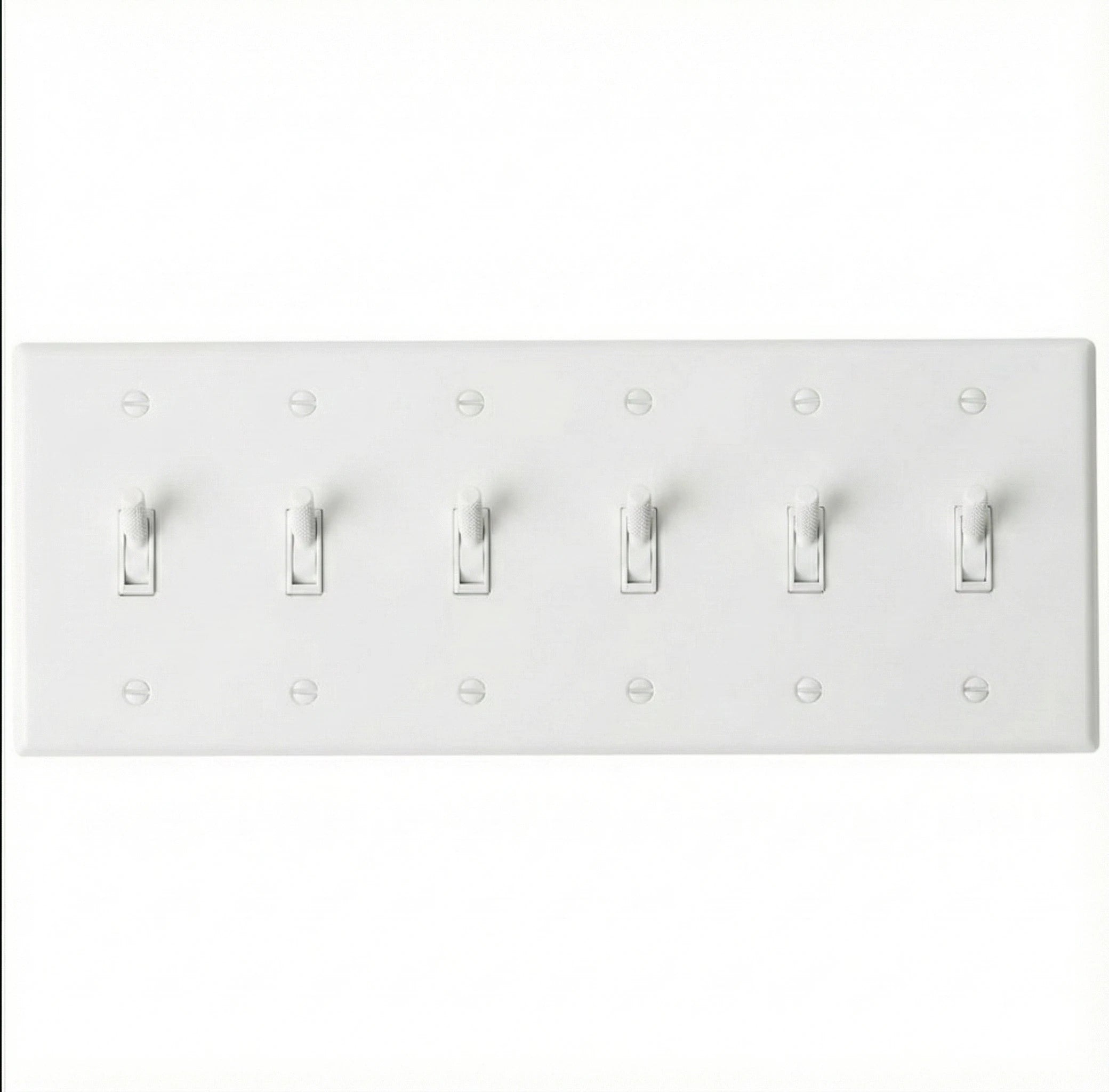 6-gang knurled toggle light switch plate in white, front view