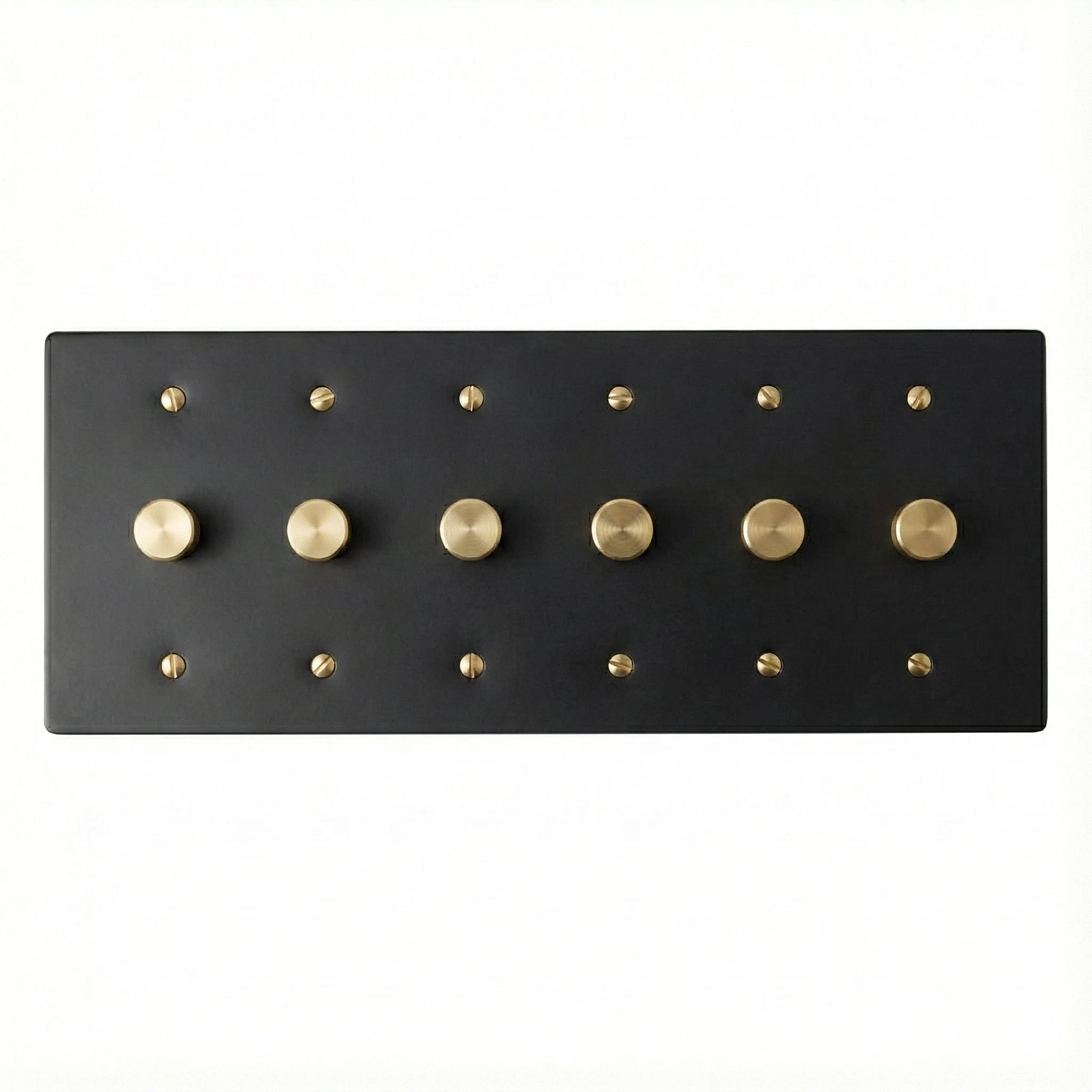 6 gang brass rotary dimmer on a black face plate on a white background