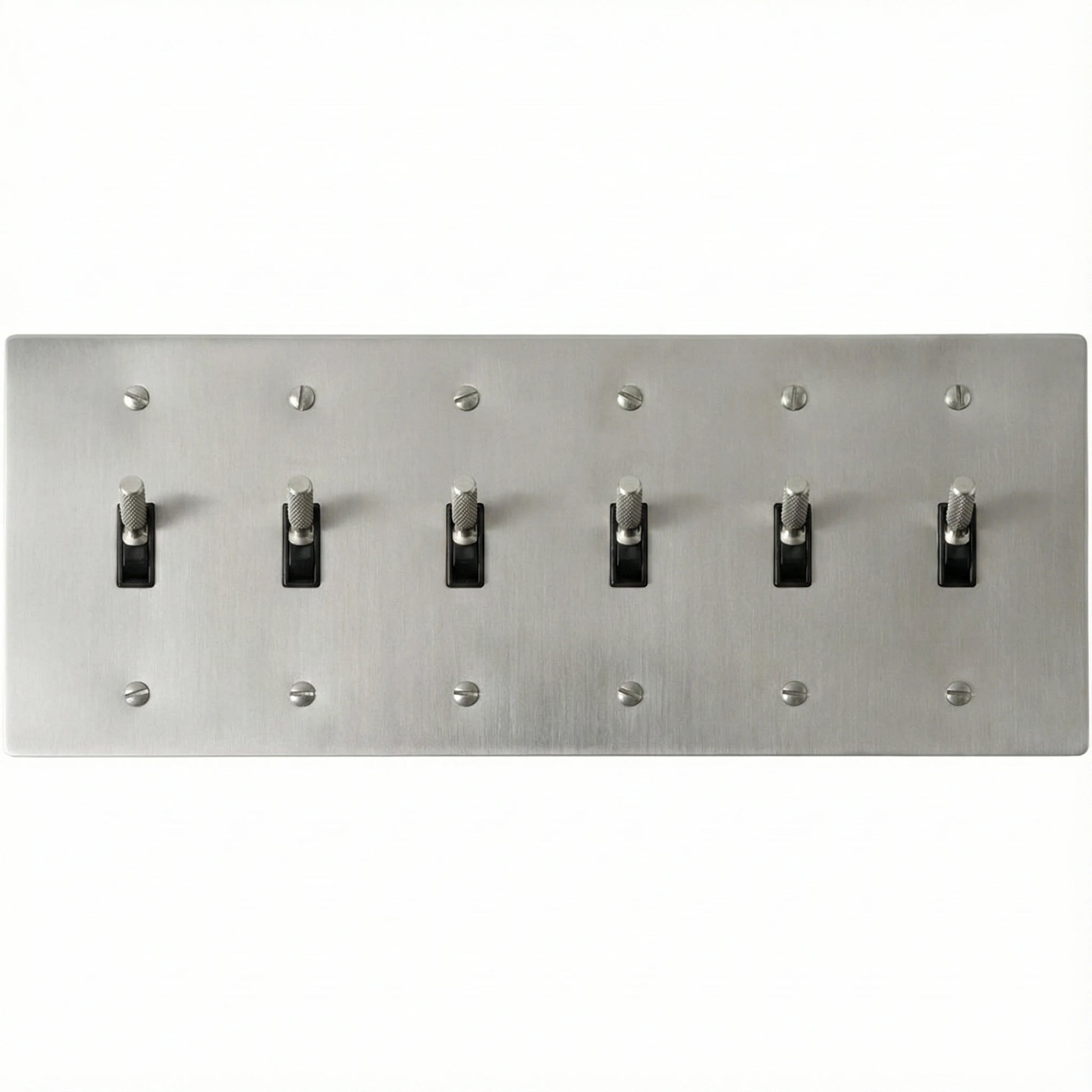 6-gang knurled toggle light switch plate in stainless steel finish, front view