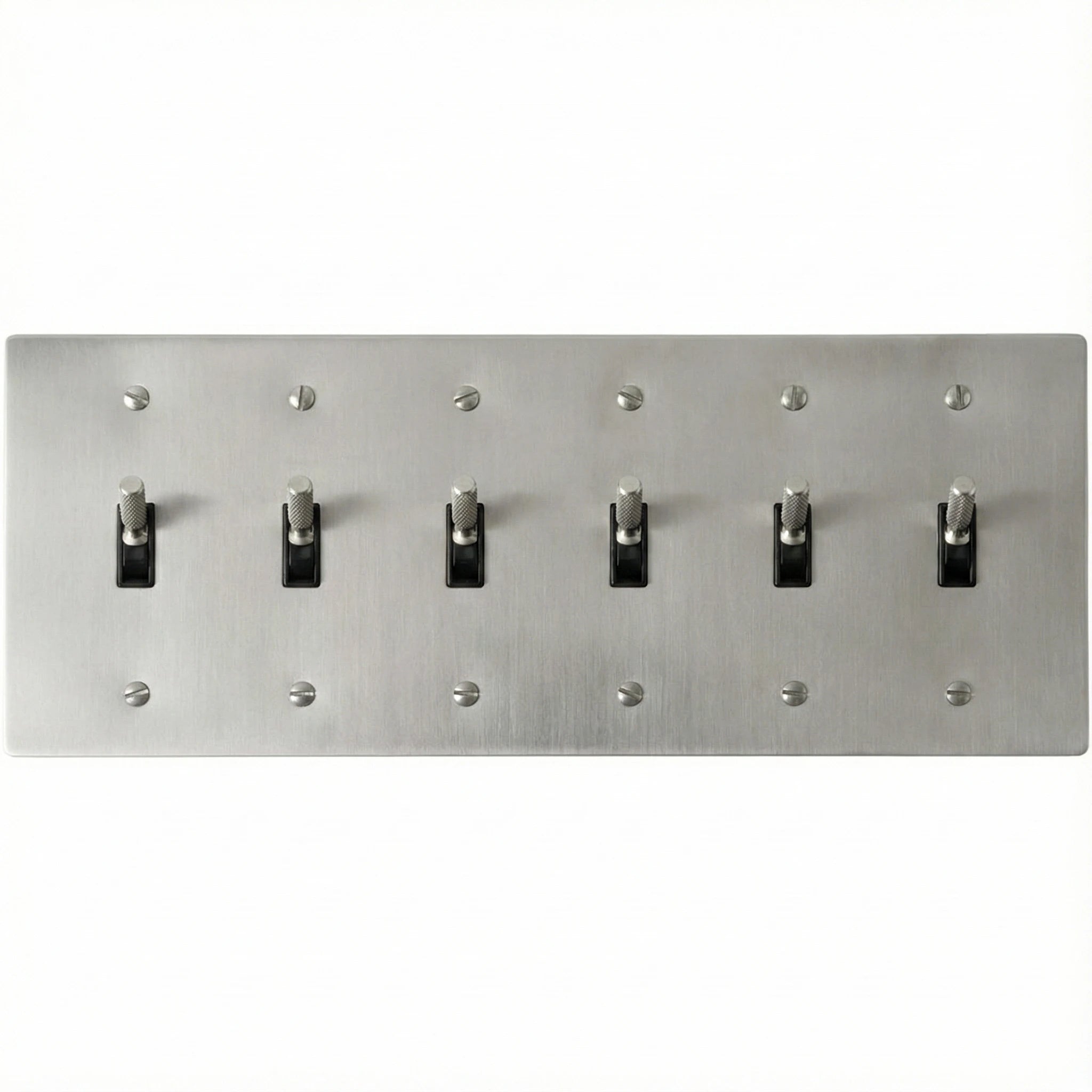 6-gang knurled toggle light switch plate in stainless steel finish, front view