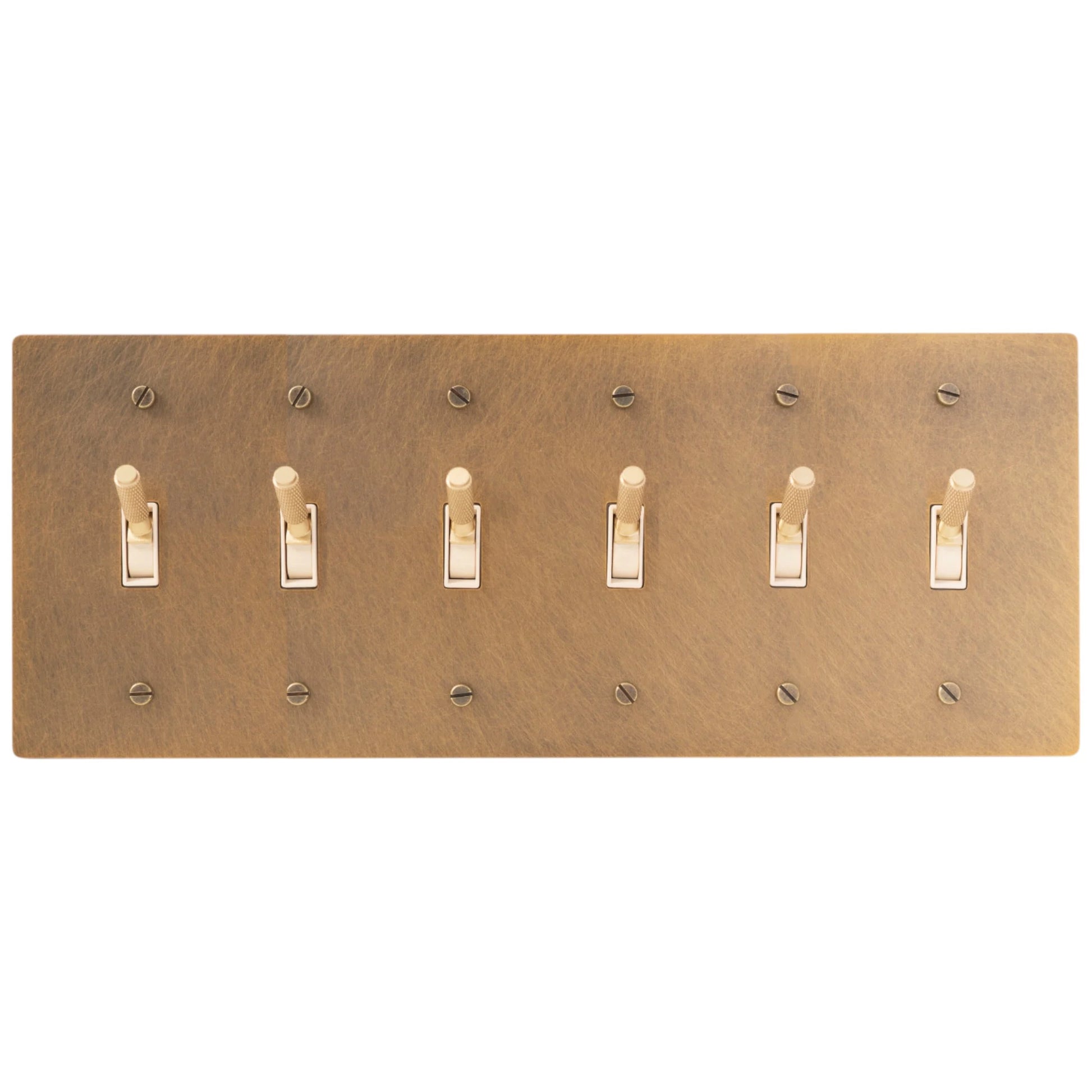 Close-up of knurled toggle detail on antique brass 6-gang switch plate