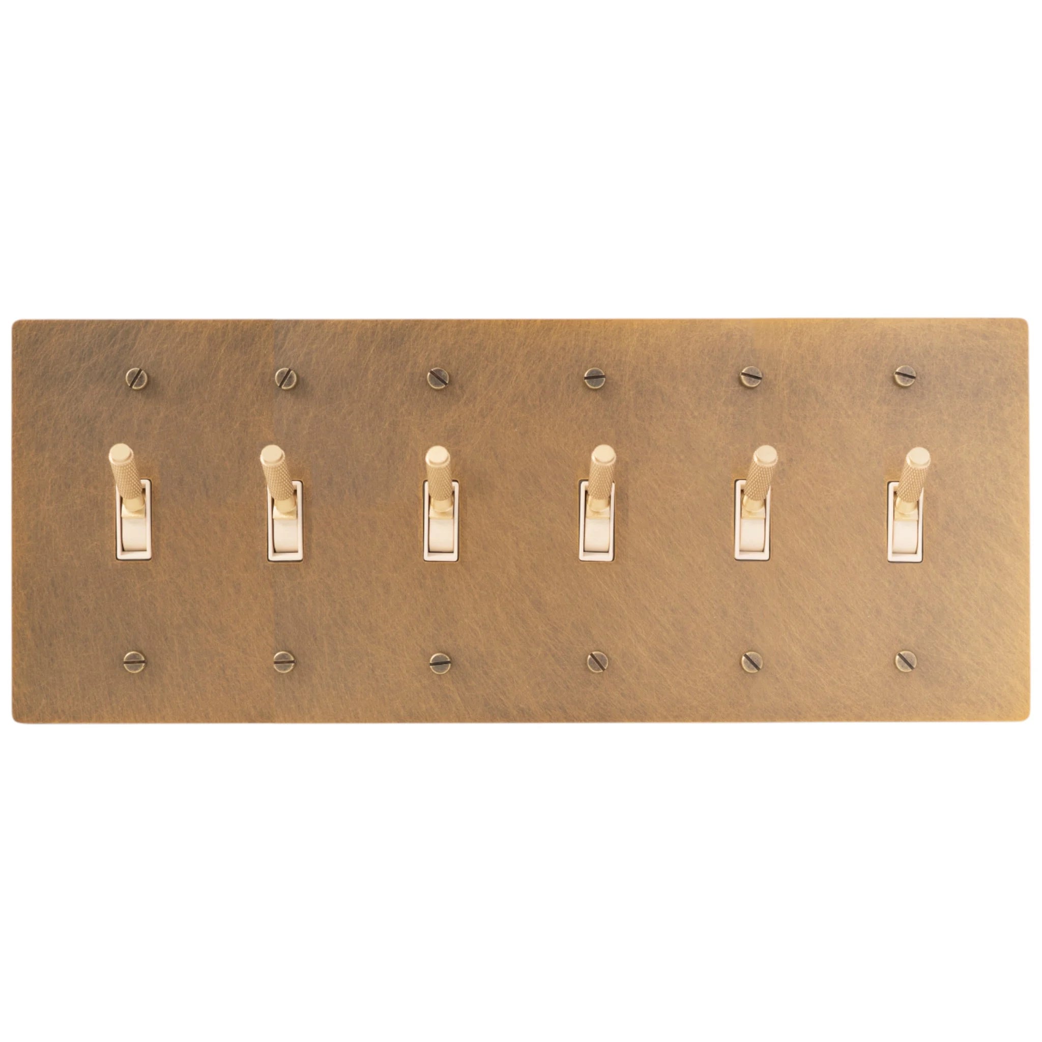 Close-up of knurled toggle detail on antique brass 6-gang switch plate