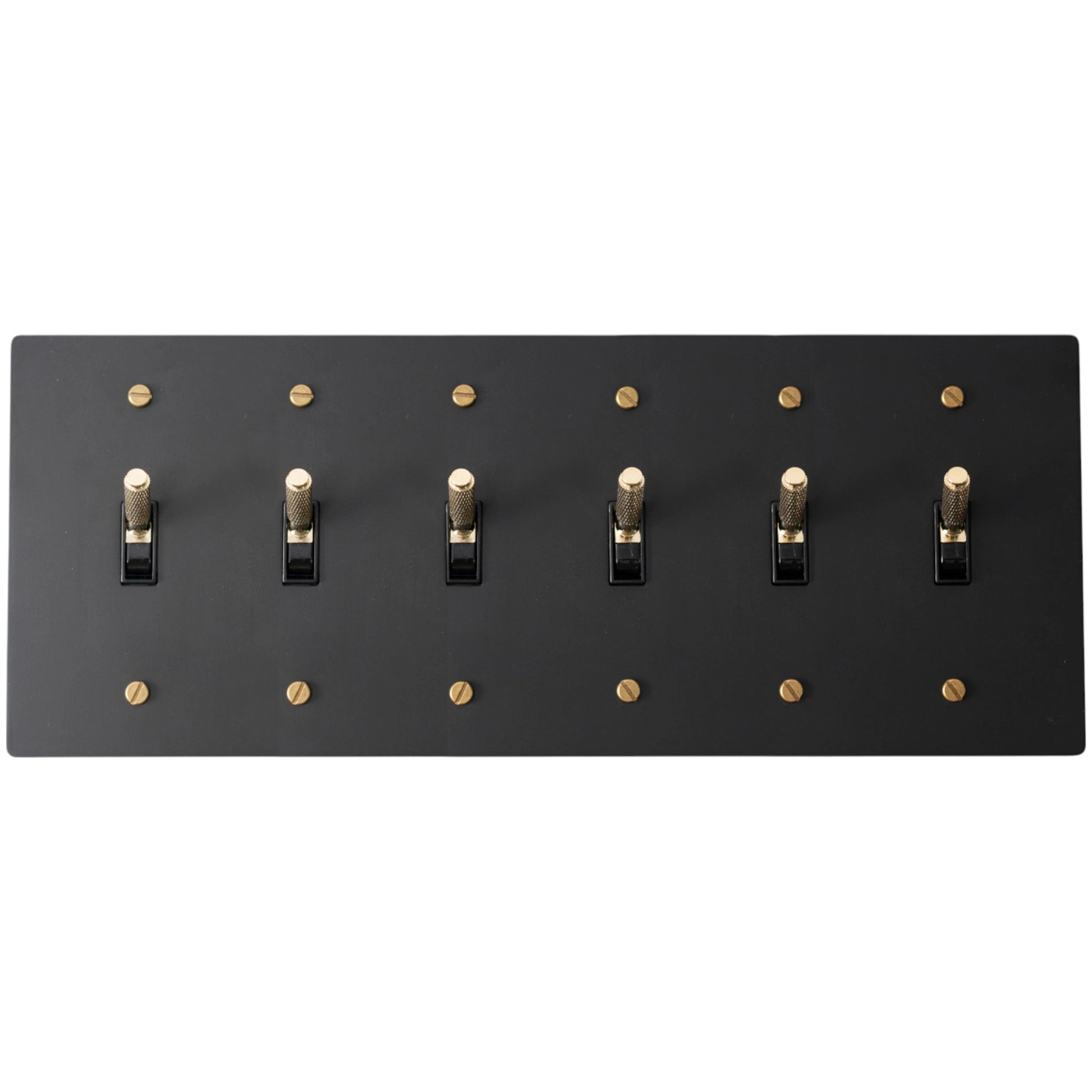 Close-up of knurled toggles on matte black 6-gang switch plate