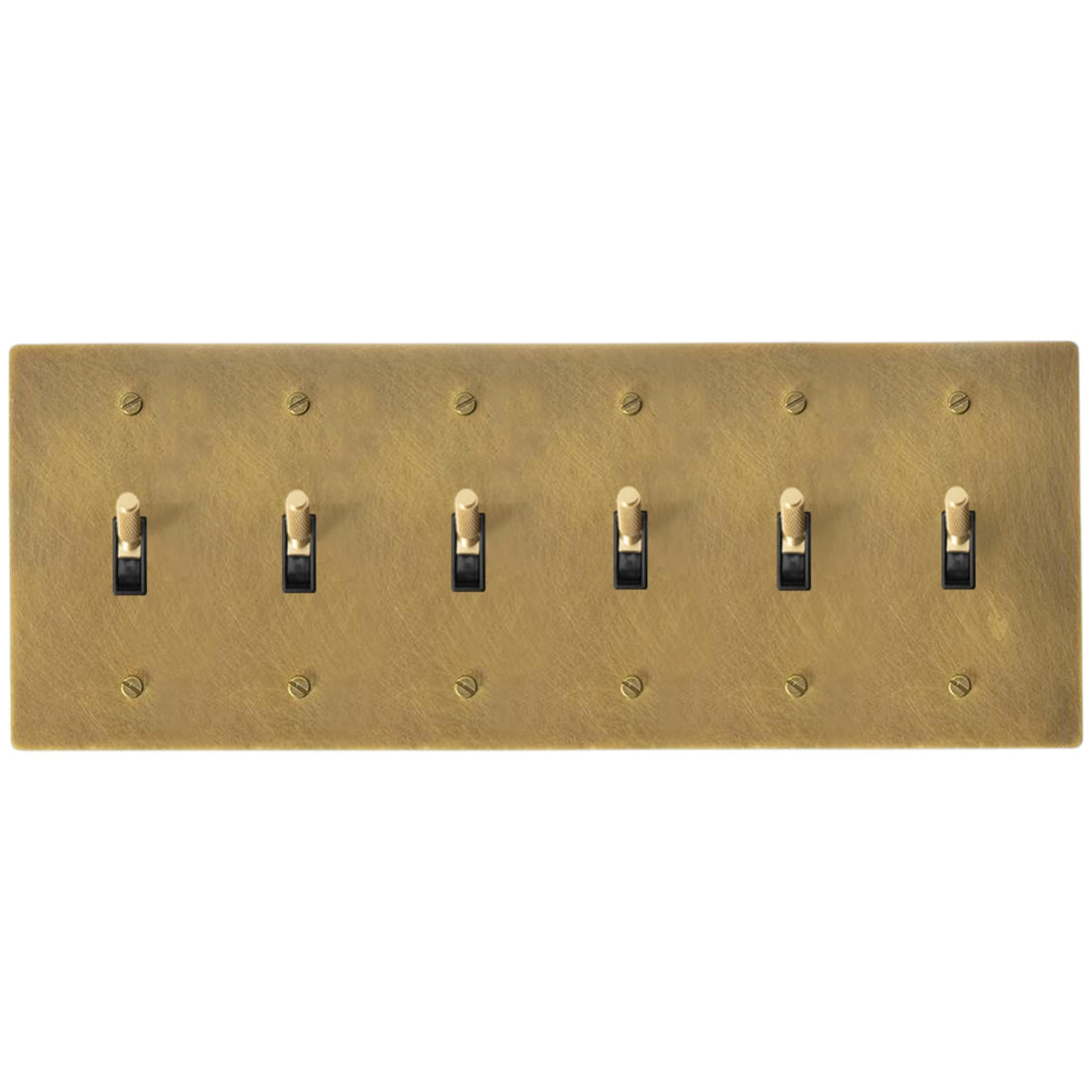 6-gang knurled toggle light switch plate in aged bronze, hand-brushed, front view