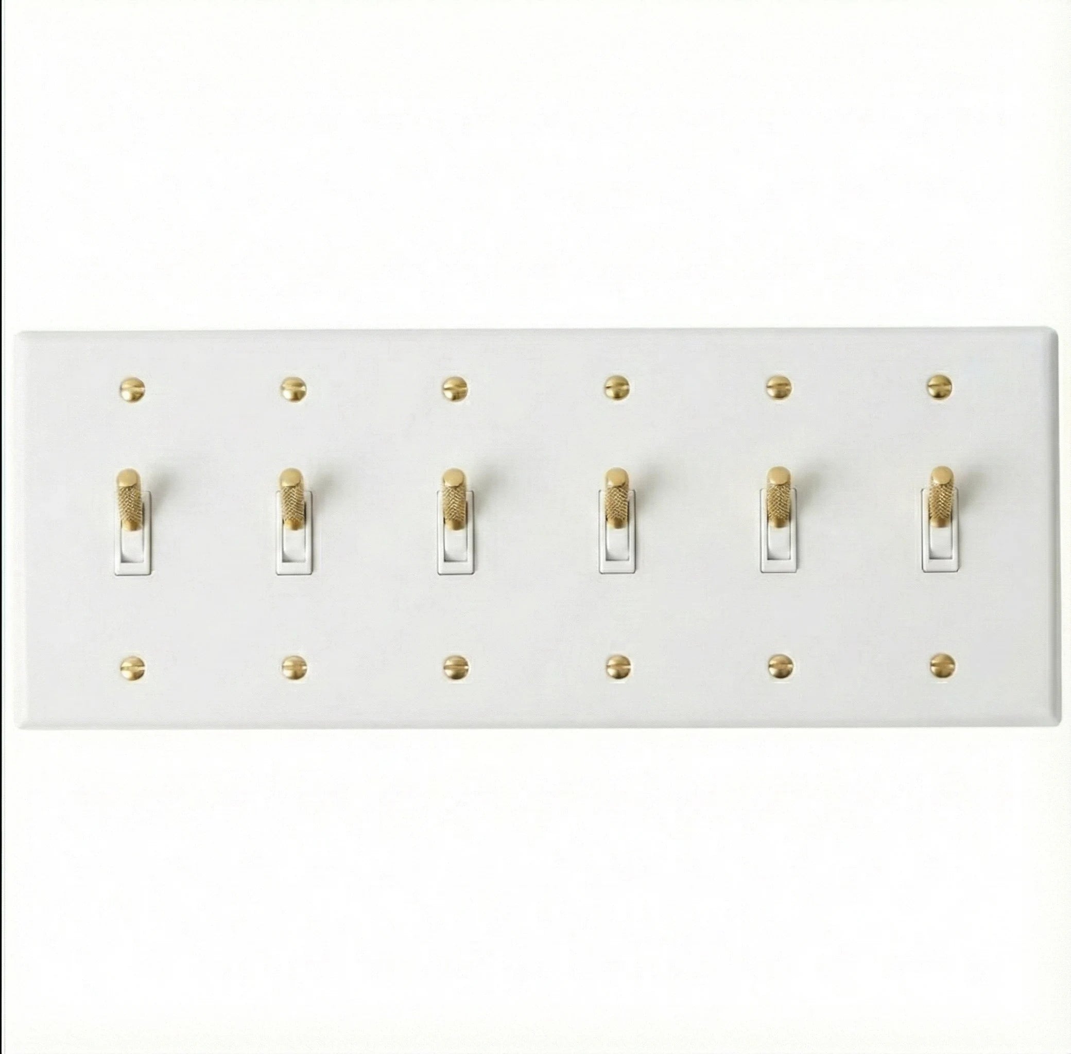 Close-up of knurled toggle detail on white 6-gang switch plate