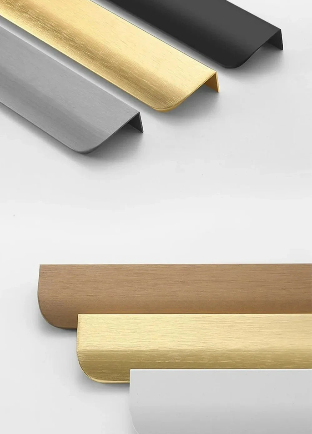 Aluminium edge pull samples in gold, black, grey, and bronze on a white background.