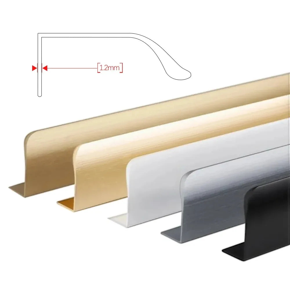 Aluminium hidden edge pulls in bronze gold, white, grey, and black on a white background with a measurement label.