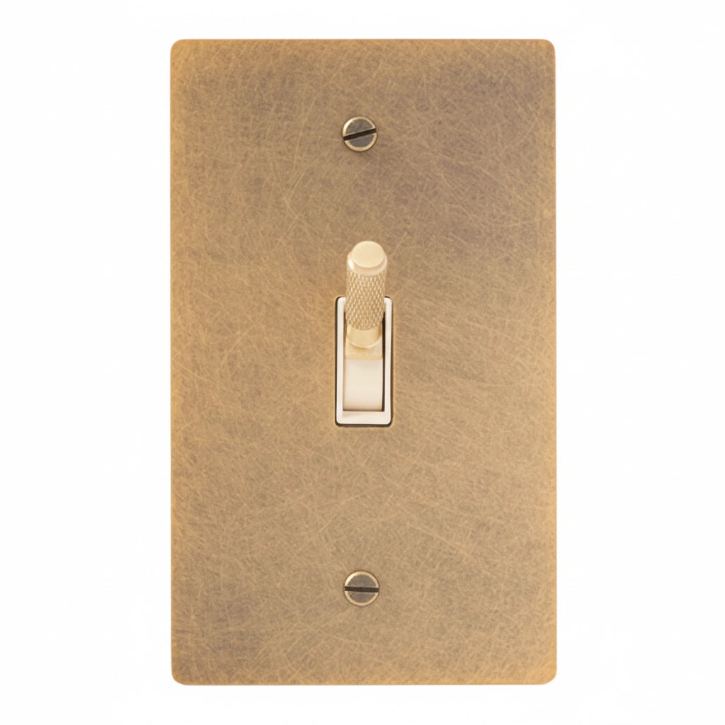 Antique brass light switch cover with a single toggle on a white background