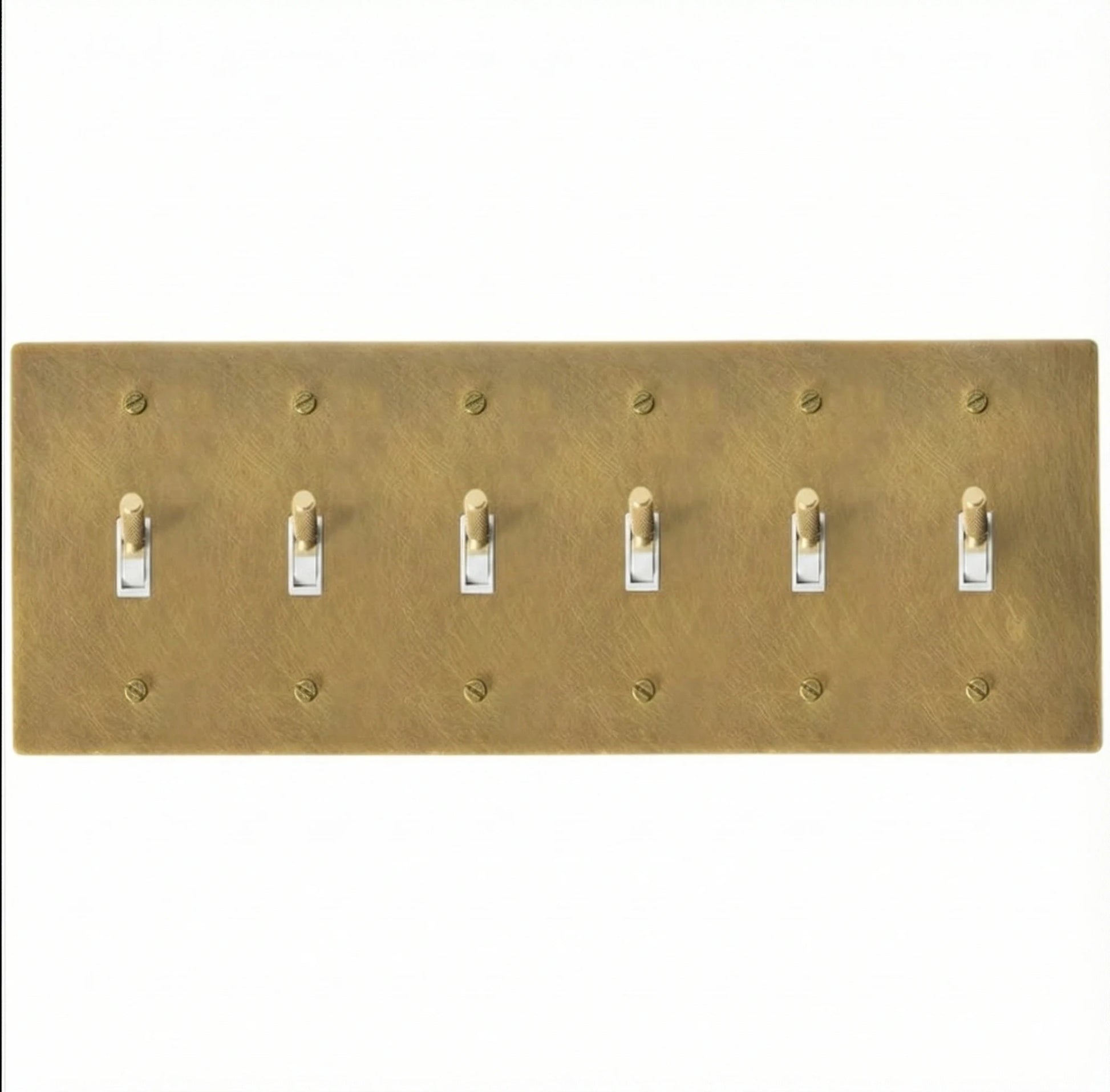 Antique brass 6-gang knurled toggle switch plate, hand-brushed