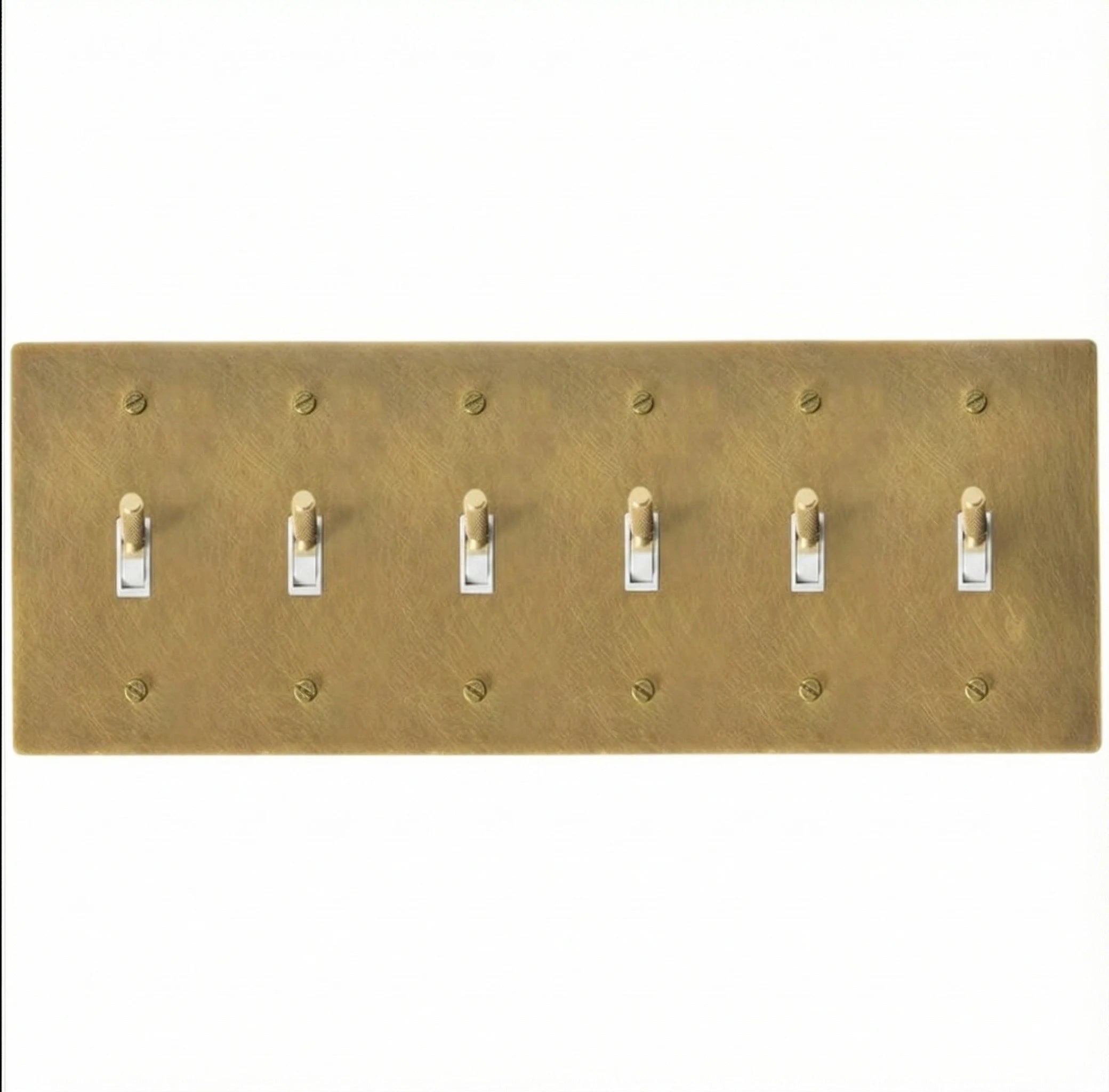 Antique brass 6-gang knurled toggle switch plate, hand-brushed
