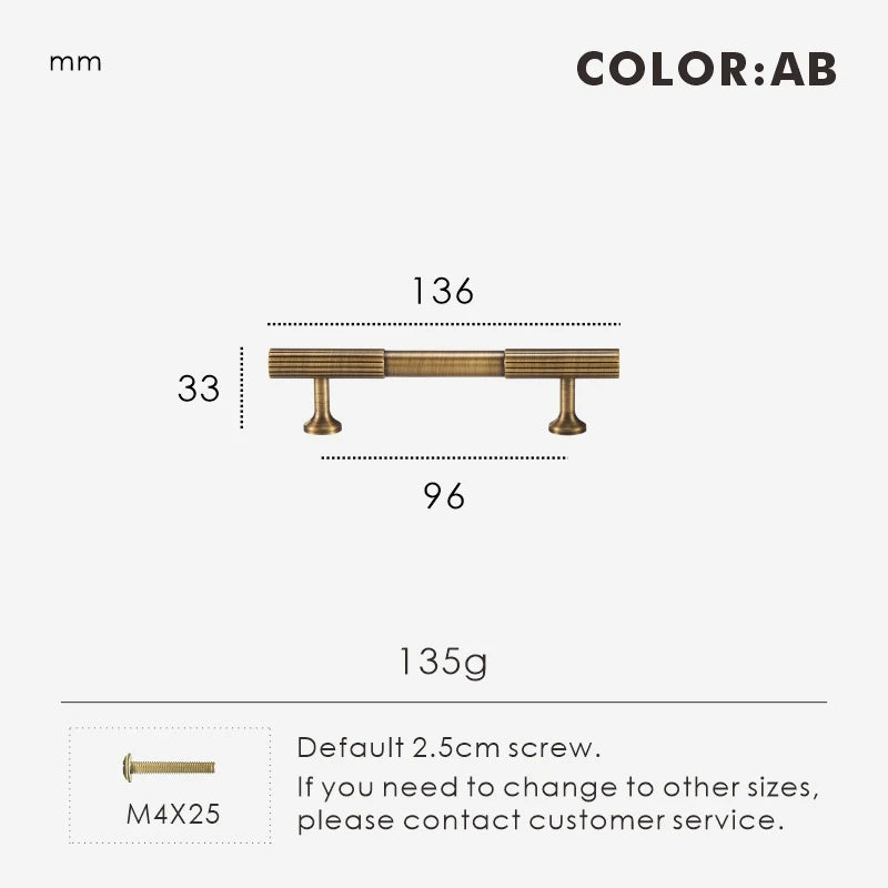 Measurement chart for antique brass Art Deco pull 136 mm with dimensions and weight information.