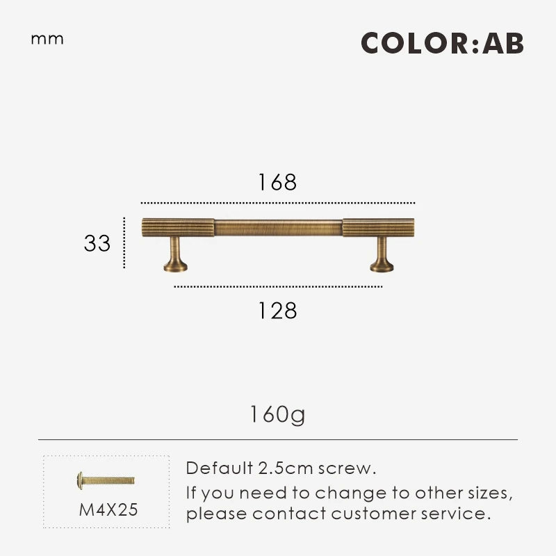 Measurement chart for antique brass Art Deco pull 168 mm with dimensions and weight information.