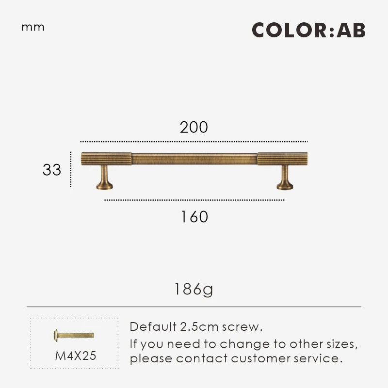 Measurement chart for antique brass Art Deco pull 200 mm with dimensions and weight information.