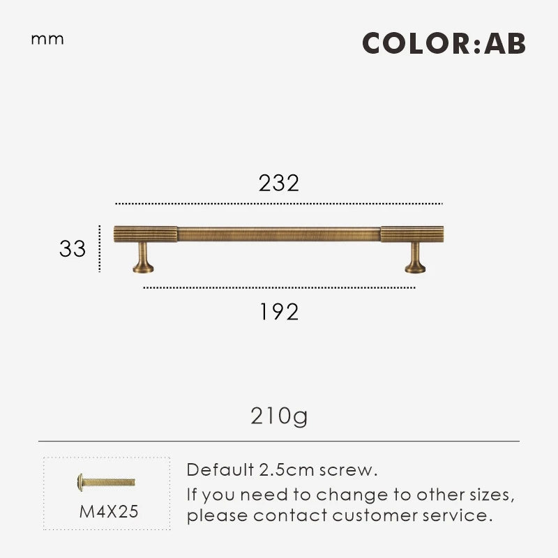 Measurement chart for antique brass Art Deco pull 232 mm with dimensions and weight information.