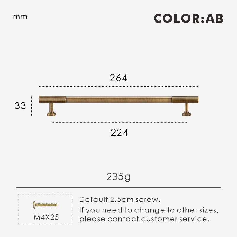Measurement chart for antique brass Art Deco pull 264 mm with dimensions and weight information.