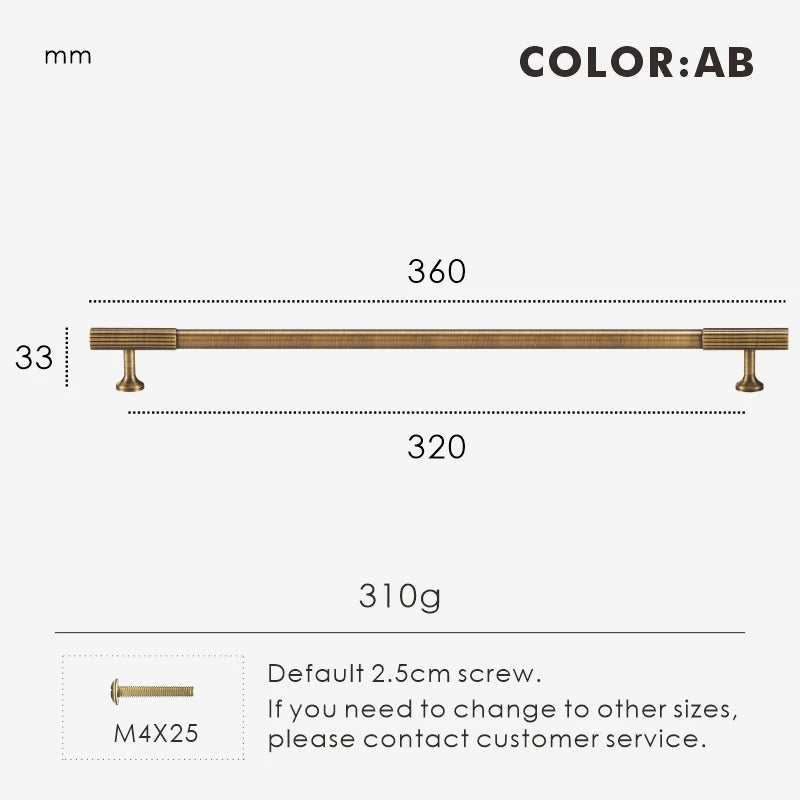 Measurement chart for antique brass Art Deco pull 360 mm with dimensions and weight information.