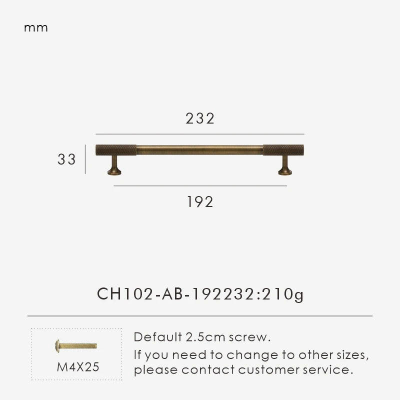 Measurement chart of antique brass cabinet handle with dimensions and specifications.