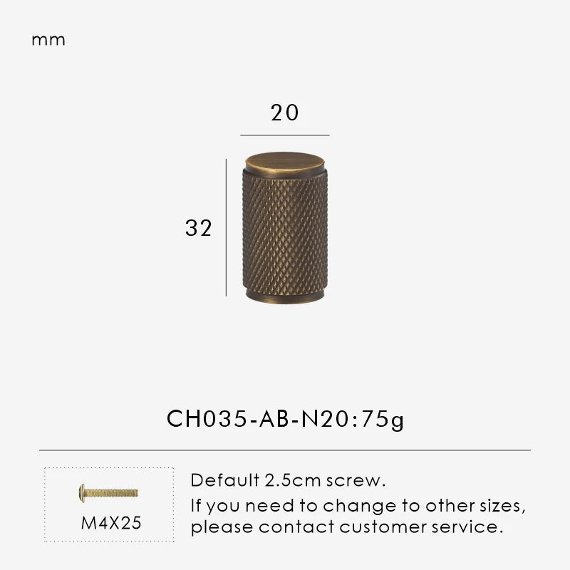 Measurement chart for antique brass cross knurled knob I 20 mm with dimensions and weight information.