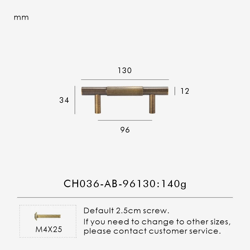 Measurement chart for antique brass cross knurled pull 130 mm with dimensions and weight information.