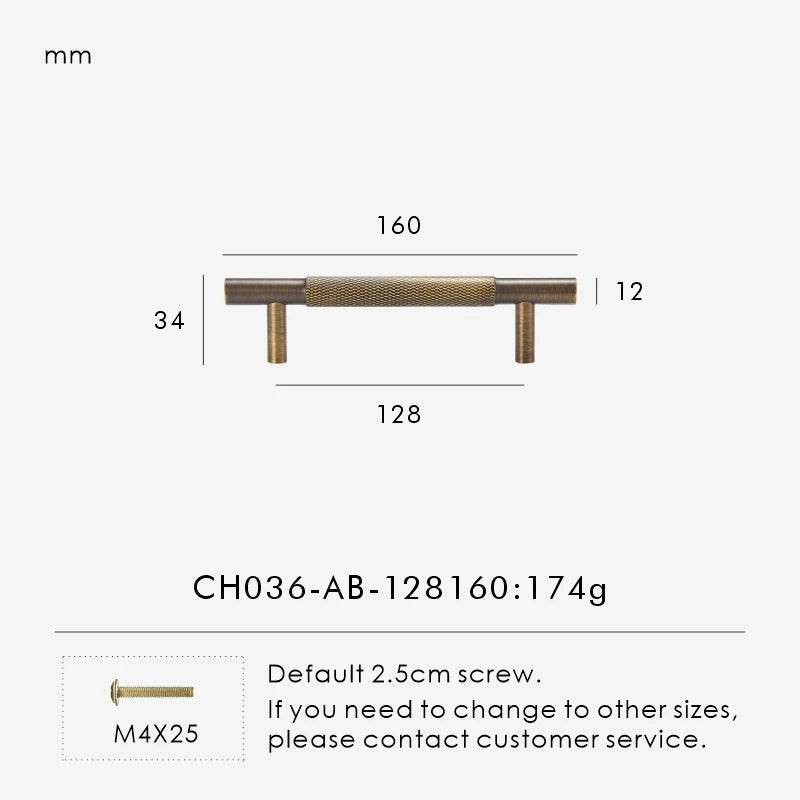 Measurement chart for antique brass cross knurled pull 160 mm with dimensions and weight information.