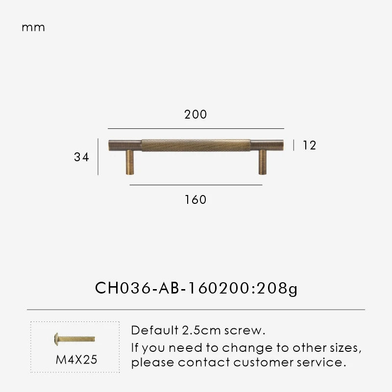 Measurement chart for antique brass cross knurled pull 200 mm with dimensions and weight information.