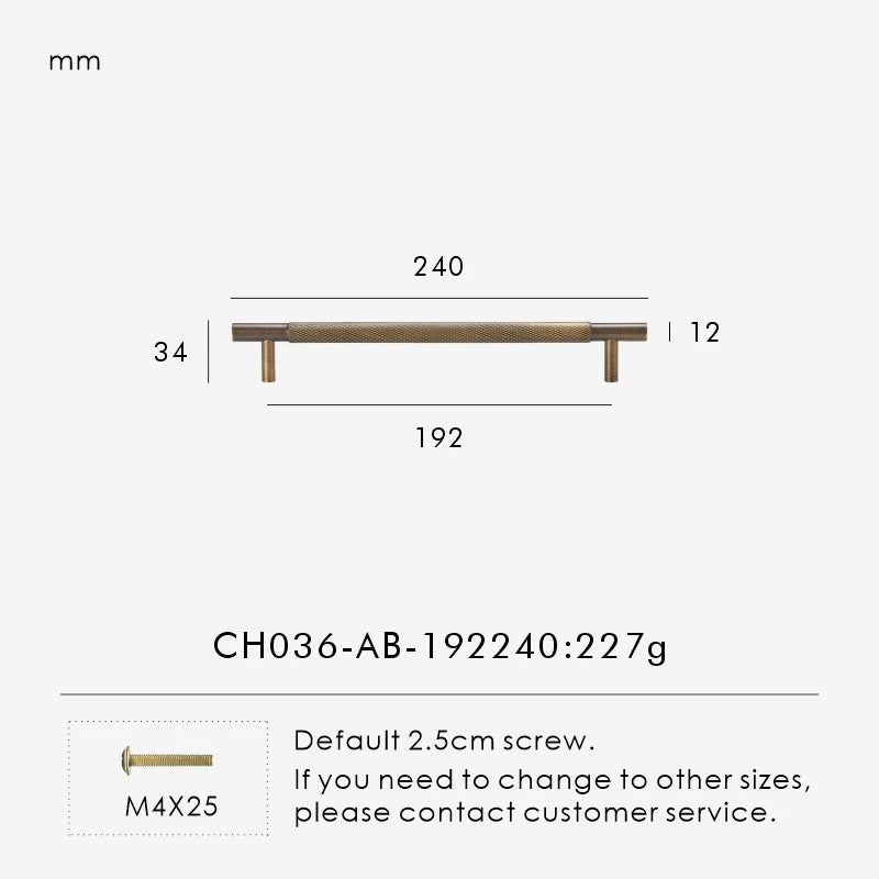 Measurement chart for antique brass cross knurled pull 240 mm with dimensions and weight information.