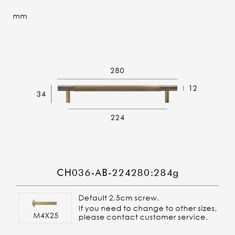 Measurement chart for antique brass cross knurled pull 280 mm with dimensions and weight information.