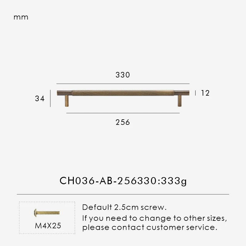 Measurement chart for antique brass cross knurled pull 330 mm with dimensions and weight information.