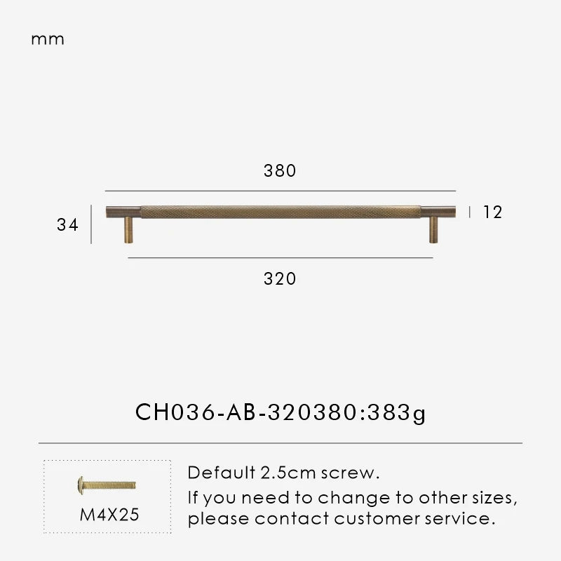 Measurement chart for antique brass cross knurled pull 380 mm with dimensions and weight information.