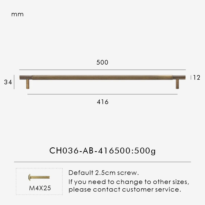 Measurement chart for antique brass cross knurled pull 500 mm with dimensions and weight information.