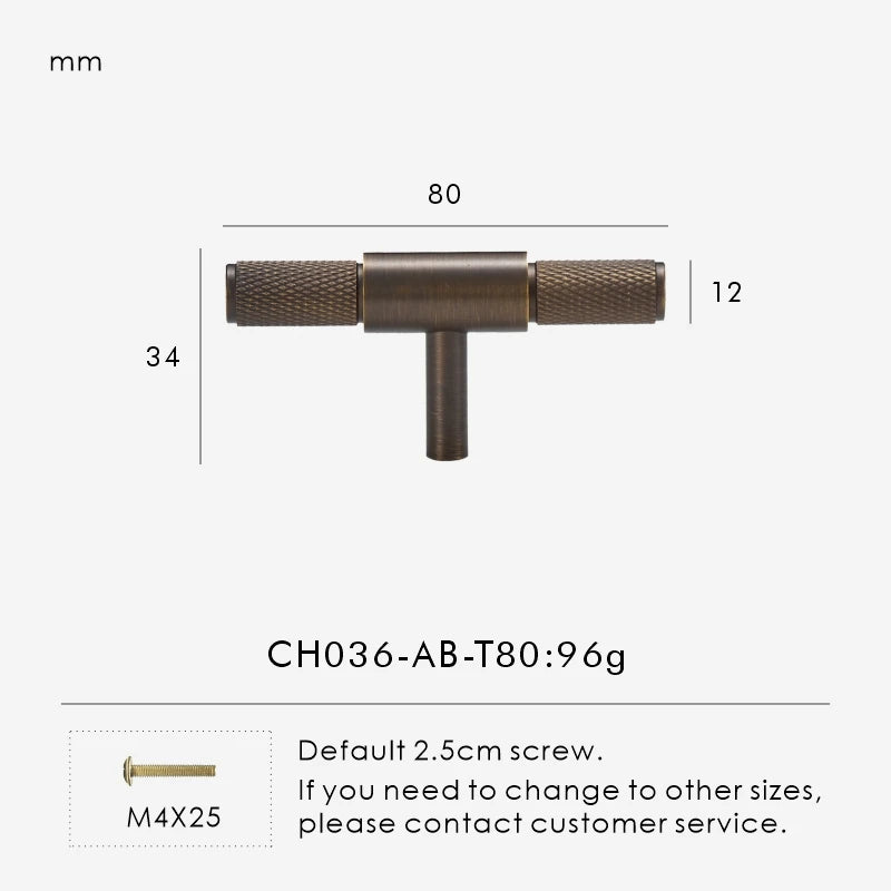 Measurement chart for antique brass cross knurled t-bar 80 mm with dimensions and weight information.