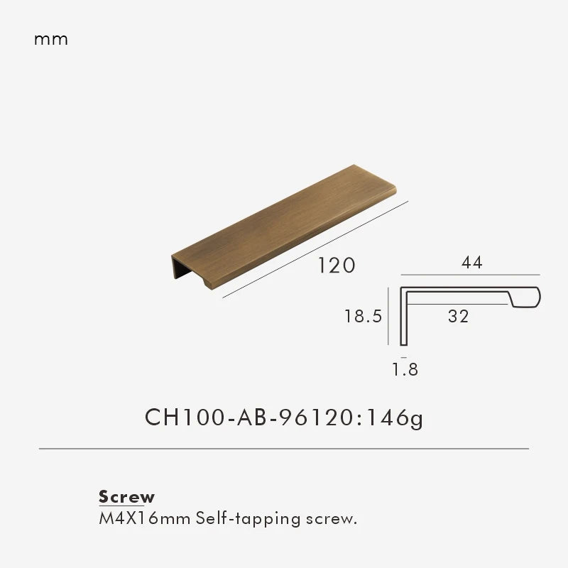 Measurement chart for a antique brass edge pull 120 mm with dimensions and weight information.