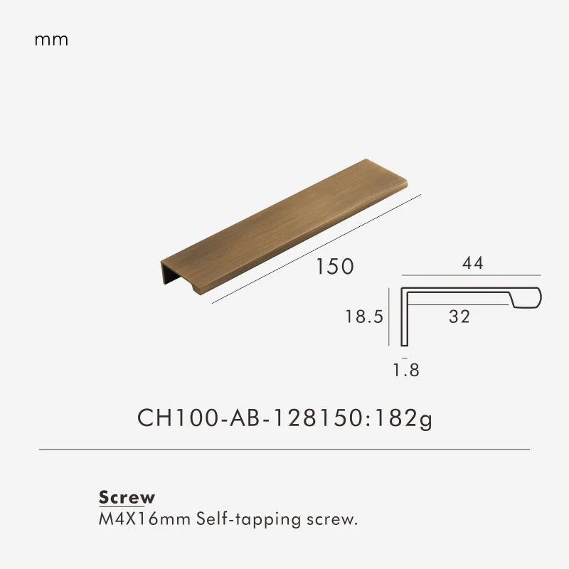 Measurement chart for a antique brass edge pull 150 mm with dimensions and weight information.