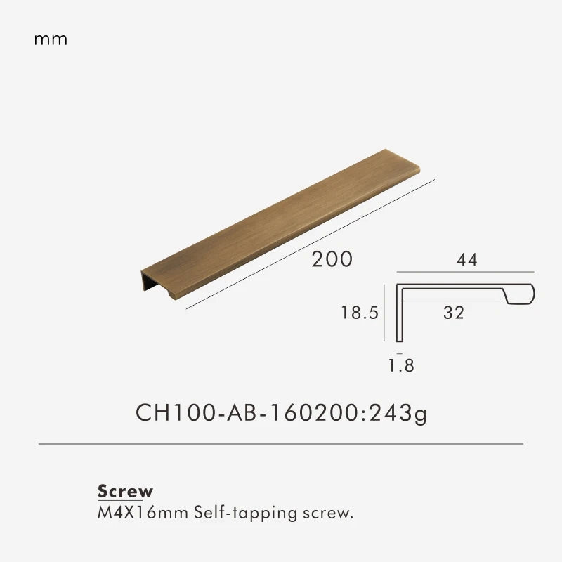 Measurement chart for a antique brass edge pull 200 mm with dimensions and weight information.