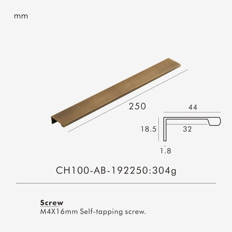 Measurement chart for a antique brass edge pull 250 mm with dimensions and weight information.