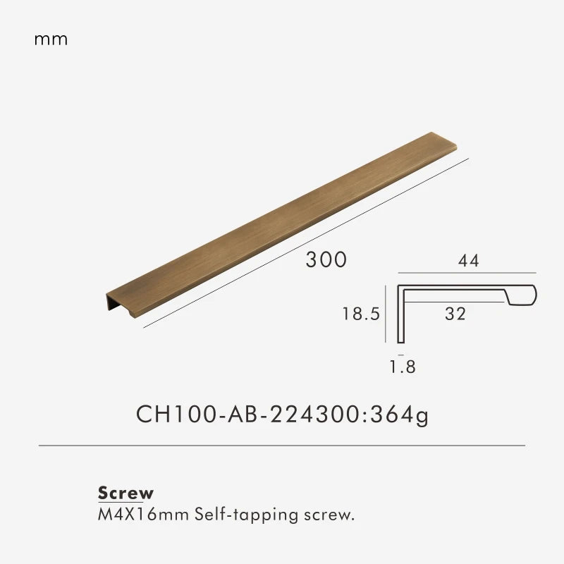 Measurement chart for a antique brass edge pull 300 mm with dimensions and weight information.