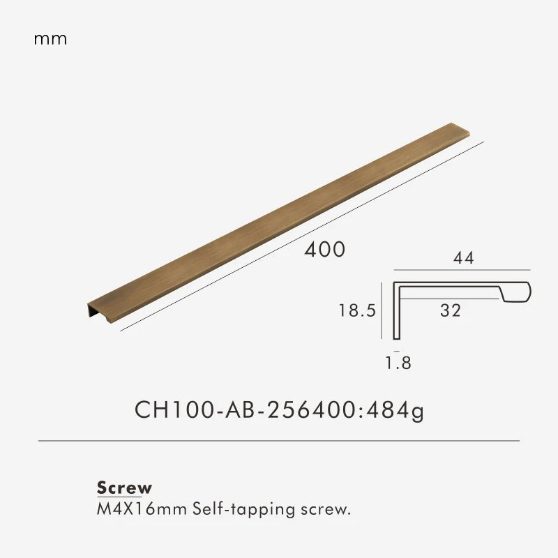 Measurement chart for a antique brass edge pull 400 mm with dimensions and weight information.