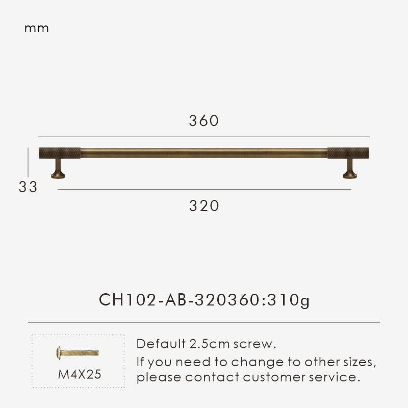 Measurement chart of antique brass handle 360 mm long with dimensions on a white background.