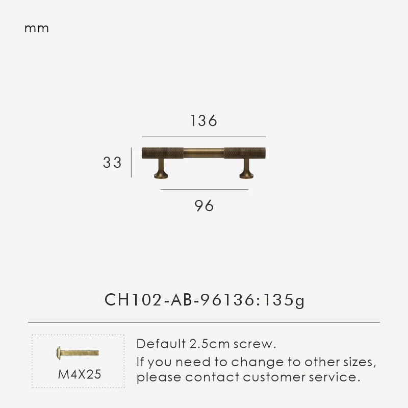 Measurement chart of antique brass knurled cabinet handle with dimensions in millimeters on a white background.