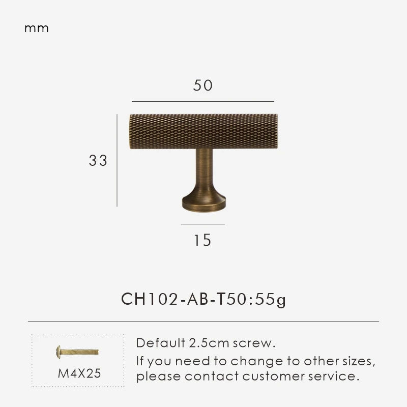 Measurement details of antique brass knurled cabinet t-bar on a white background.