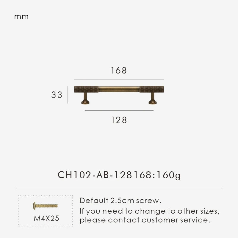 Measurement chart with antique brass knurled handle 168mm long and dimensions on a white background