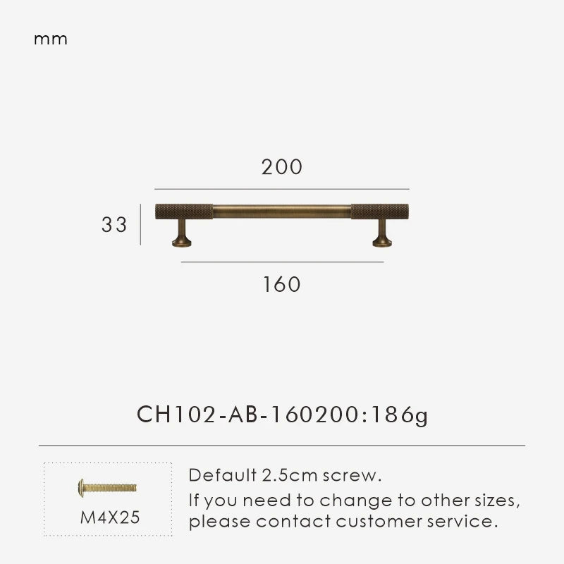 Measurement chart with antique brass knurled handle 200mm long and dimensions on a white background