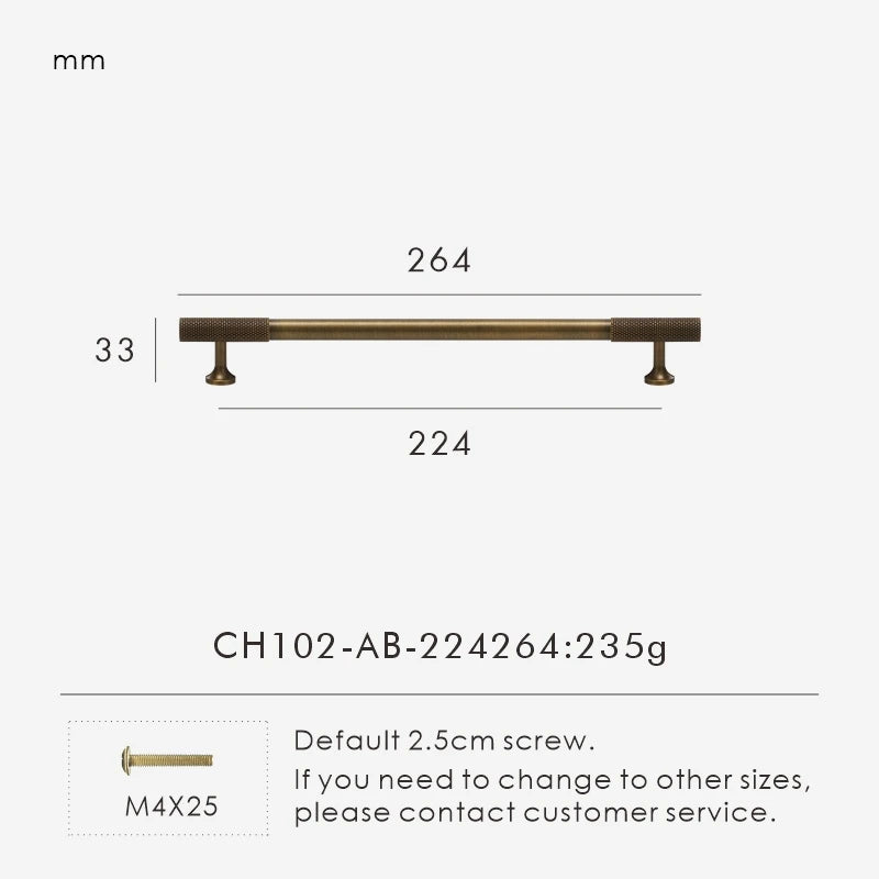 Measurement chart of antique brass knurled handle 264mm long  brass cabinet handle with dimensions on a white background
