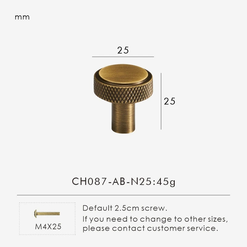 Antique brass knurled knob 25mm with dimensions and weight information on a white background.