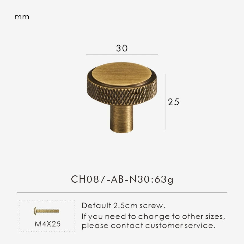 Antique brass knurled knob 30mm with dimensions and weight information on a white background.