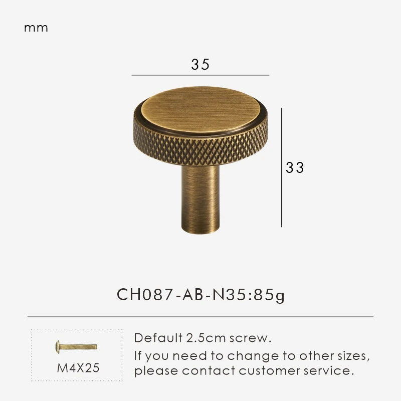 Antique brass knurled knob 35mm with dimensions and weight information on a white background.
