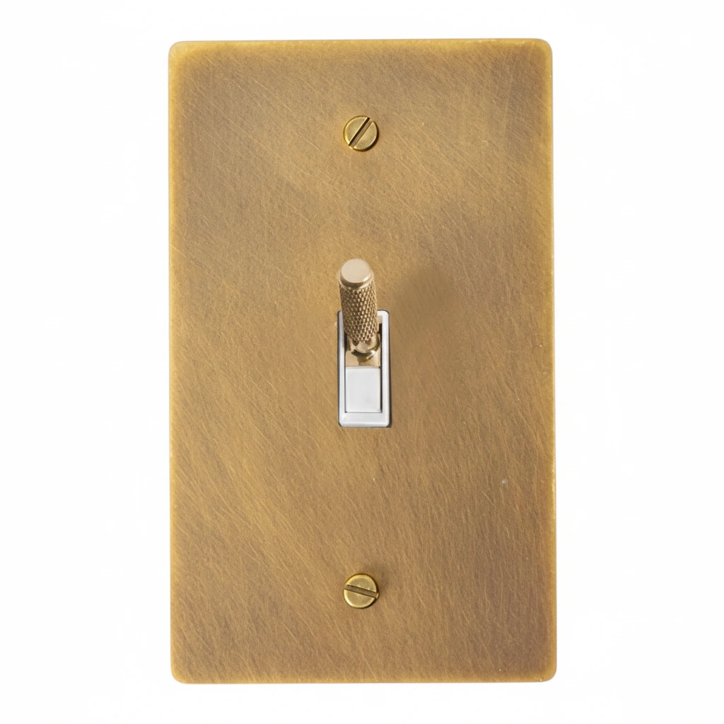 Antique brass light switch cover with a toggle switch on a white background