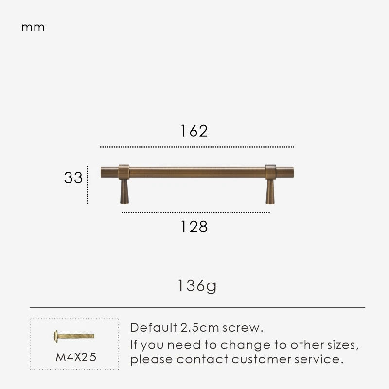 Measurement chart for antique brass stepped ring pull 162 mm with dimensions and weight information.