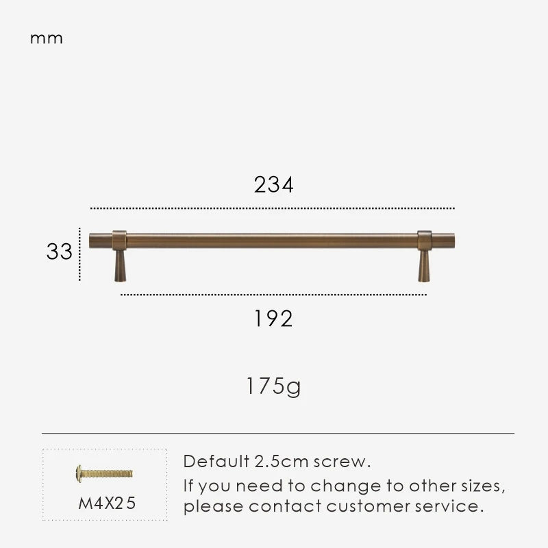 Measurement chart for antique brass stepped ring pull 234 mm with dimensions and weight information.
