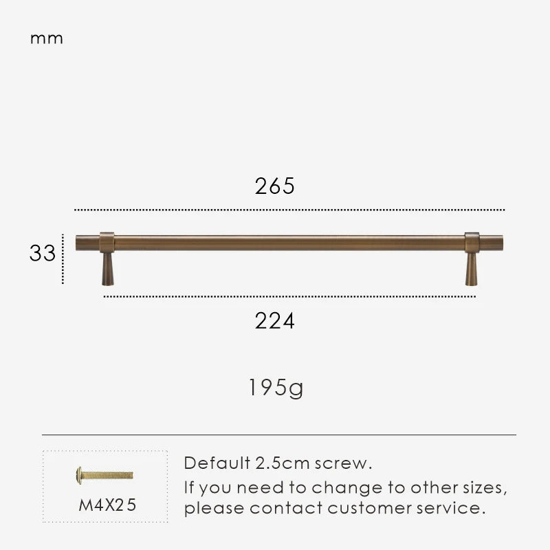 Measurement chart for antique brass stepped ring pull 265 mm with dimensions and weight information.